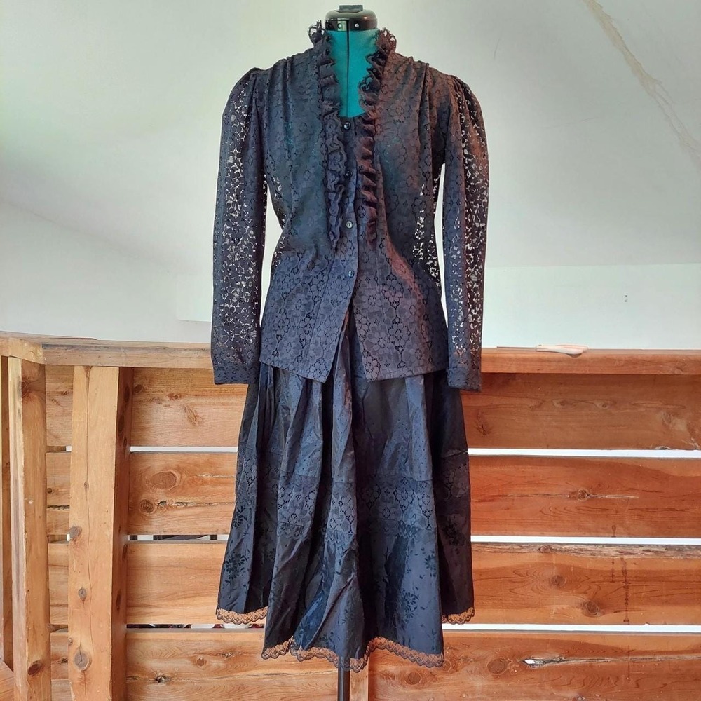 Vintage Carefree Fashions Black Lace Shirt and Tiered Skirt Set Small Victorian